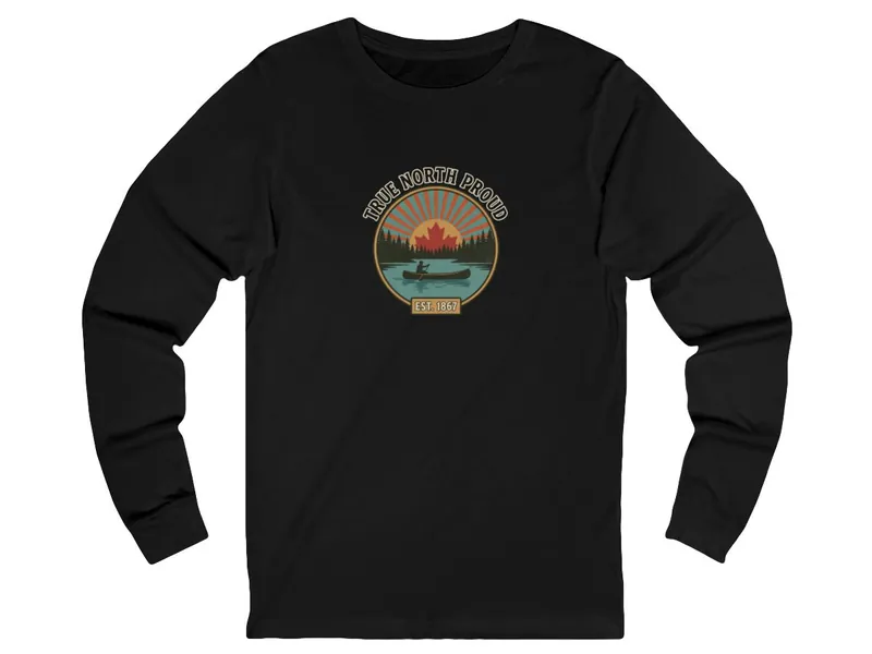 Black long-sleeve tee with a vintage Canadian canoe badge print
