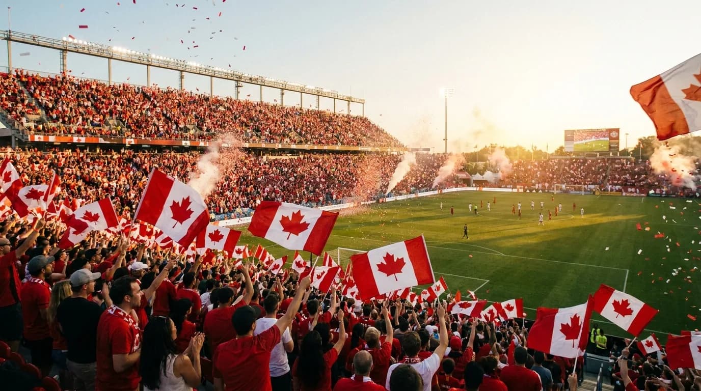 A packed soccer stadium with fans waving flags and banners