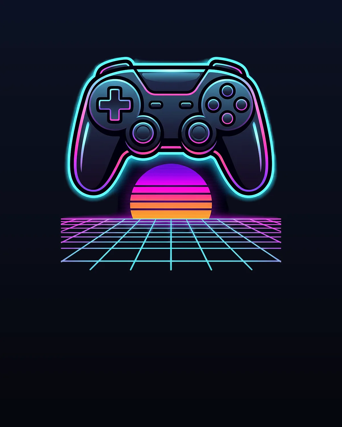 Neon synthwave gaming controller graphic tee, designed and printed in Canada