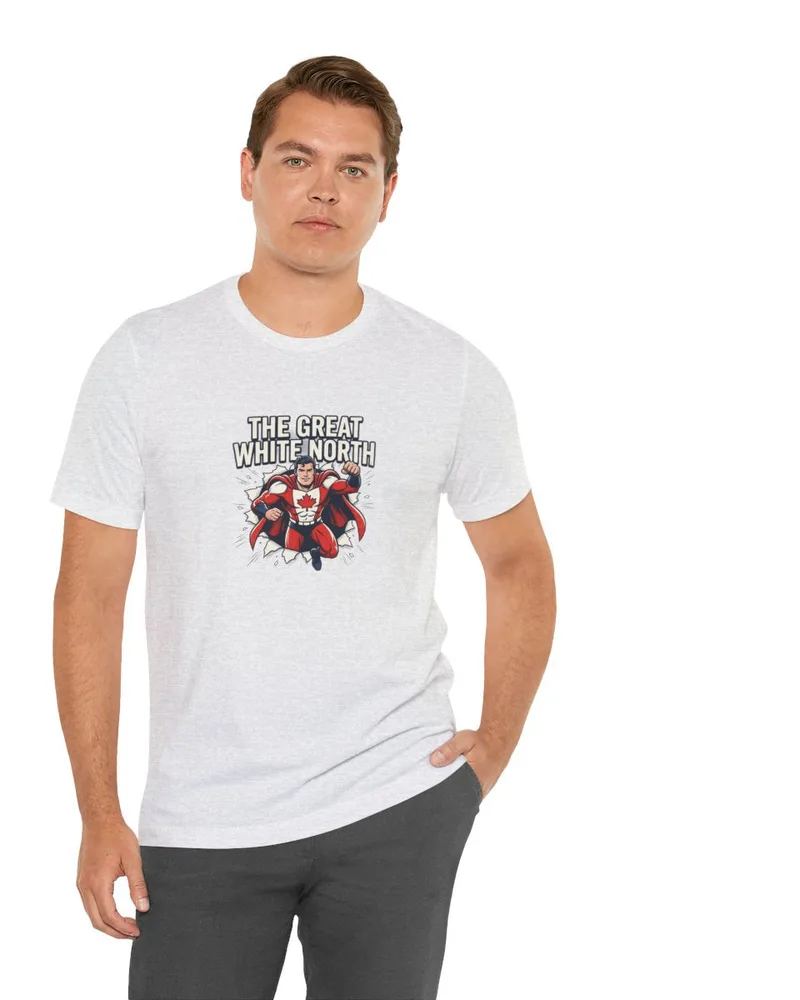 The Great White North funny Canadian superhero tee, designed and printed in Canada