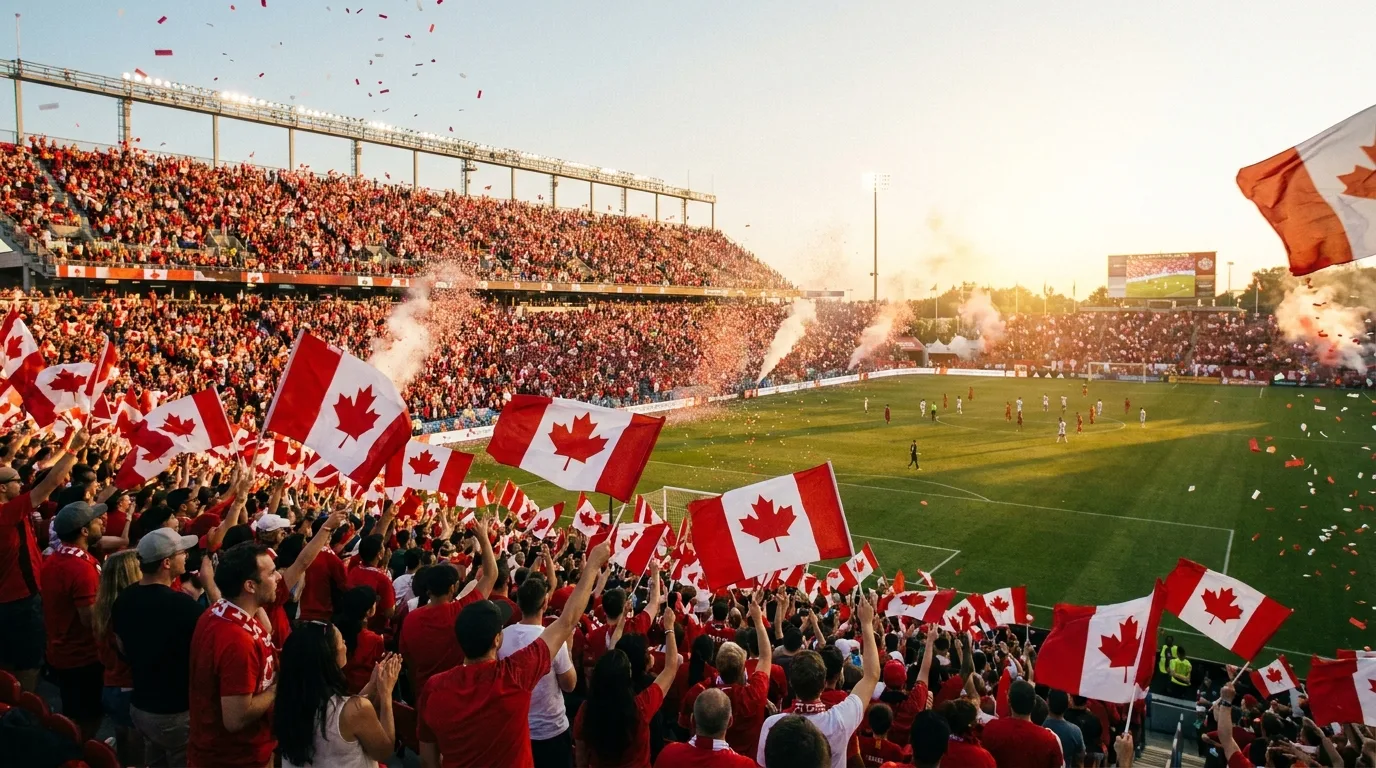 A packed soccer stadium at golden hour with fans waving Canadian flags